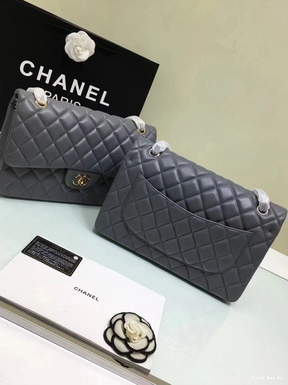 Firstbag Ru Size With CHANEL Lambskin Bag Leather Flap 1112 Silver Grey 30cm Hardware Large Gold 0806